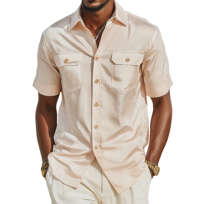 Leonard | Men'S Vintage Elegant Solid Satin Lapel Chest Pocket Slim Fit Short Sleeve Shirt