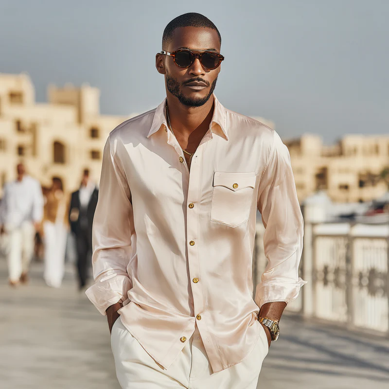 Leroy | Men'S Vintage Elegant Solid Satin Lapel Chest Pocket Slim Fit Long Sleeve Shirt - Image 3