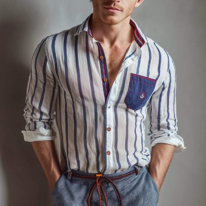 Leslie | Men'S Striped Print Stitching Embroidered Long Sleeve Shirt - Image 3