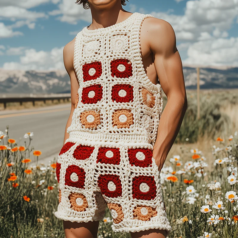 Lewis | Men'S Summer Fashion Casual Hollow Crochet Flower Knitted Vest Elastic Waist Shorts Set - Image 2
