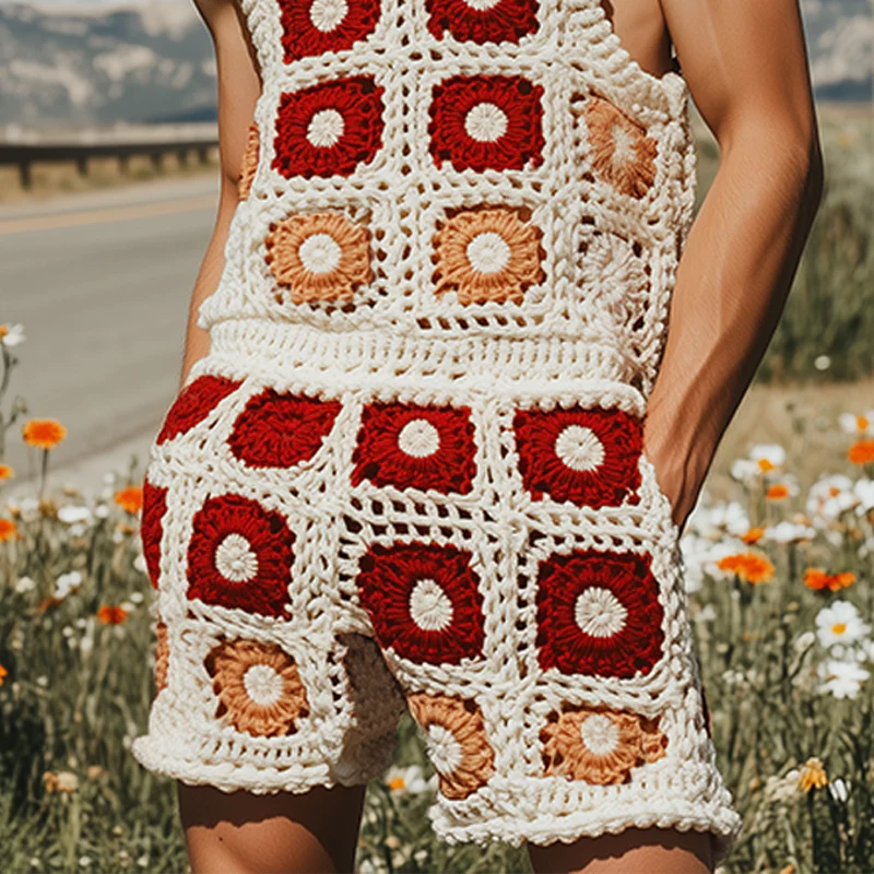 Lewis | Men'S Summer Fashion Casual Hollow Crochet Flower Knitted Vest Elastic Waist Shorts Set - Image 5