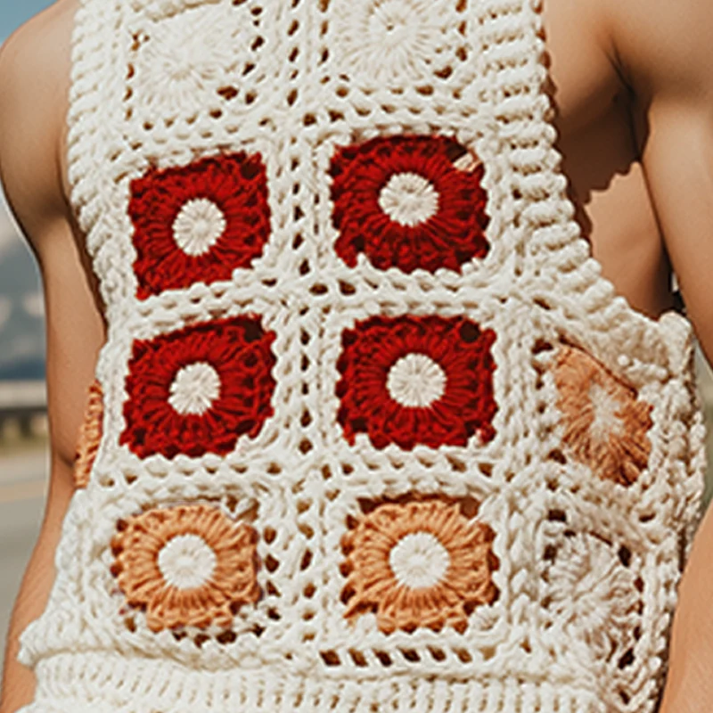 Lewis | Men'S Summer Fashion Casual Hollow Crochet Flower Knitted Vest Elastic Waist Shorts Set - Image 7