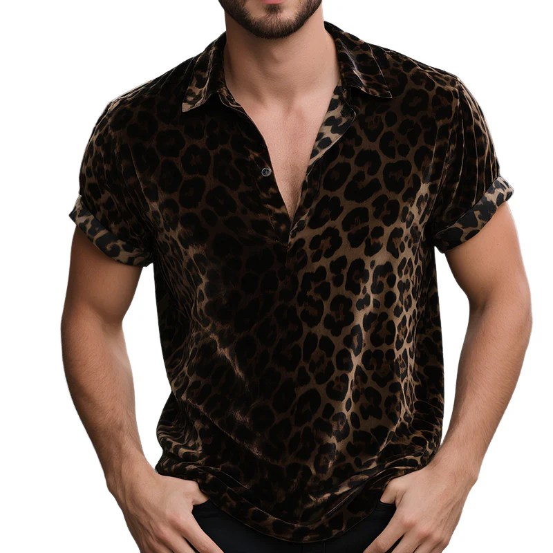 Lewis | Men'S Vintage Velvet Leopard Print Lapel Short Sleeve T-Shirt