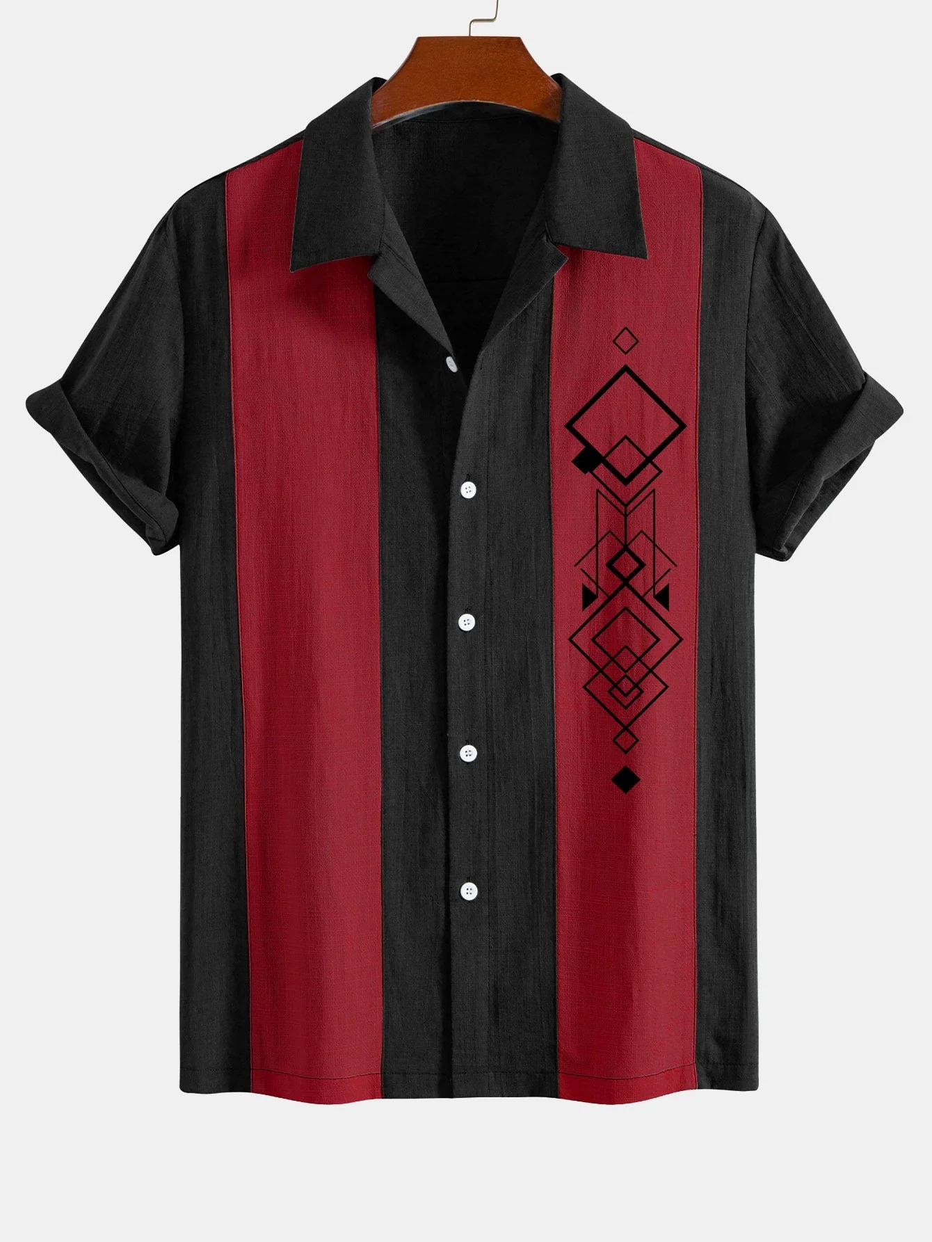 Liberio® | Geometric Rhombus Print Linen Look Patchwork Bowling Shirt - Image 7