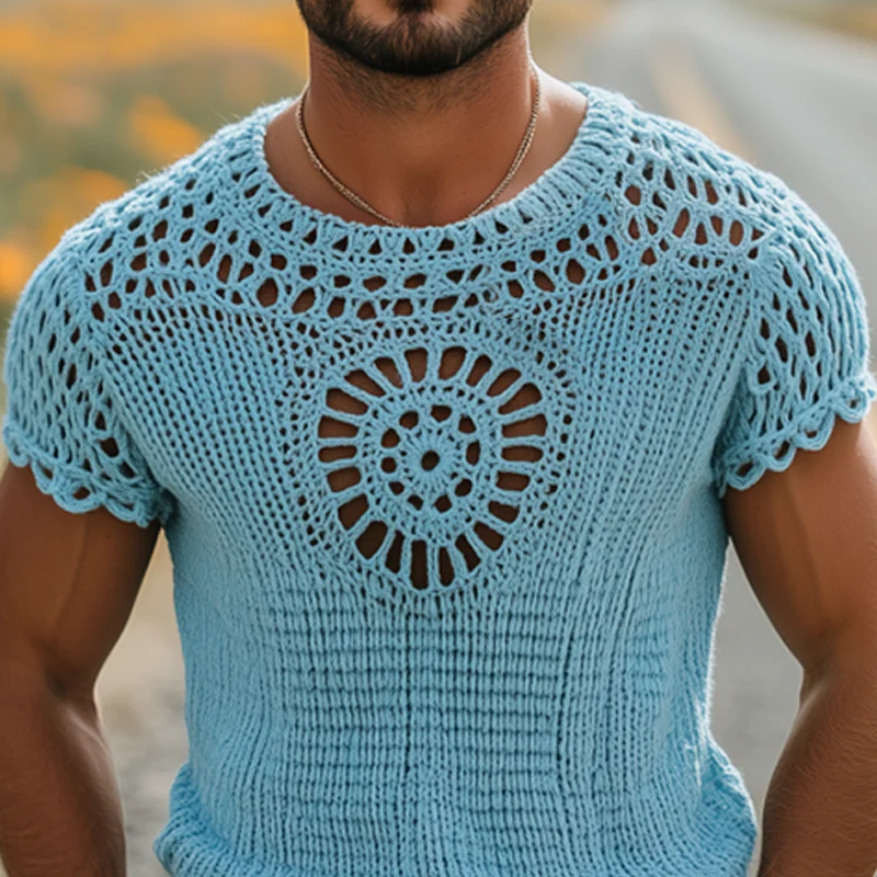 Louis | Men'S Summer Fashion Casual Hollow Crochet Round Neck Knitted Short Sleeve T-Shirt - Image 4