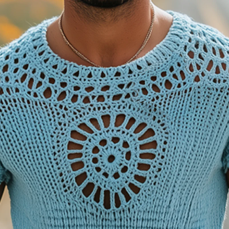 Louis | Men'S Summer Fashion Casual Hollow Crochet Round Neck Knitted Short Sleeve T-Shirt - Image 5