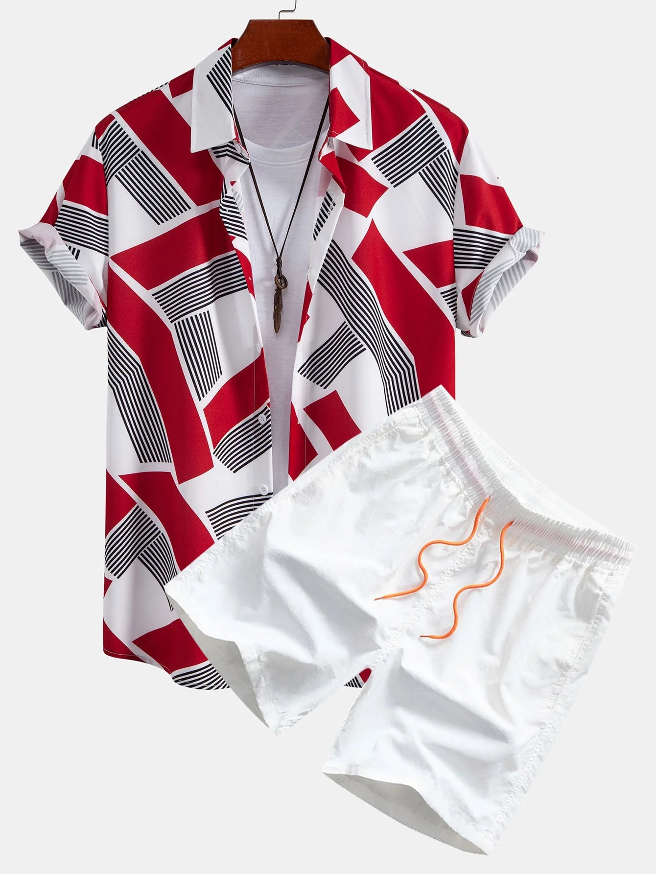 Lucas® | Color Block Geometry Print Button Up Shirt & Man Mid Length Drawstring Swim Shorts - Image 2