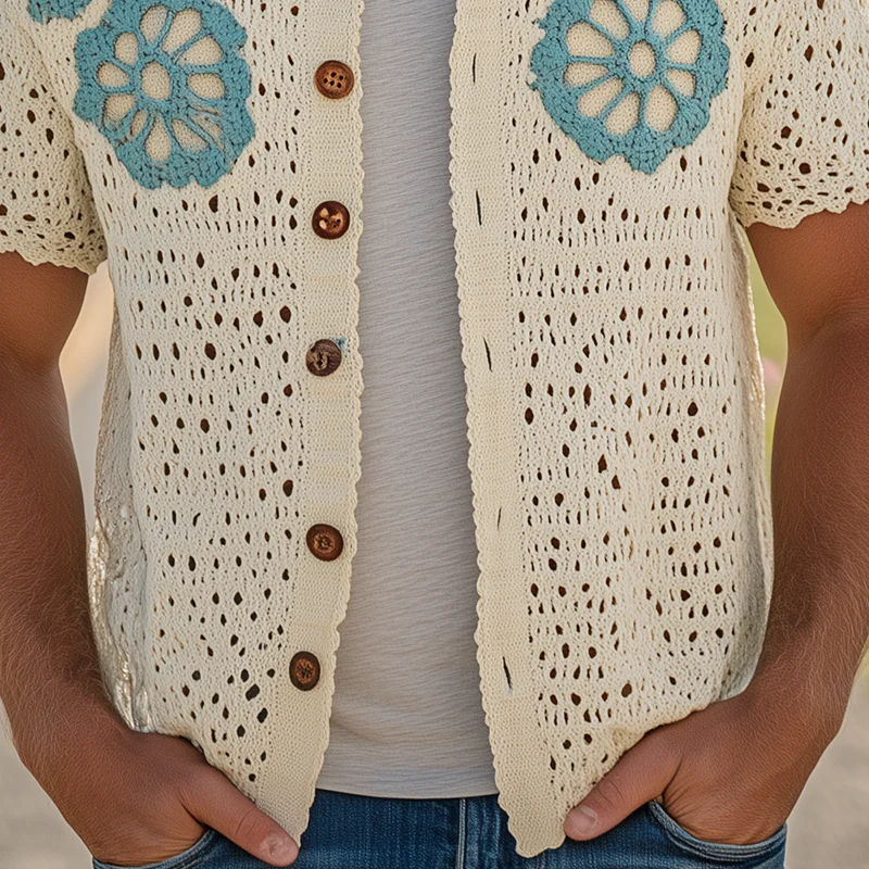 Lucas | Men'S Summer Fashion Casual Hollow Crochet Flower Knitted Short Sleeve Shirt - Image 5