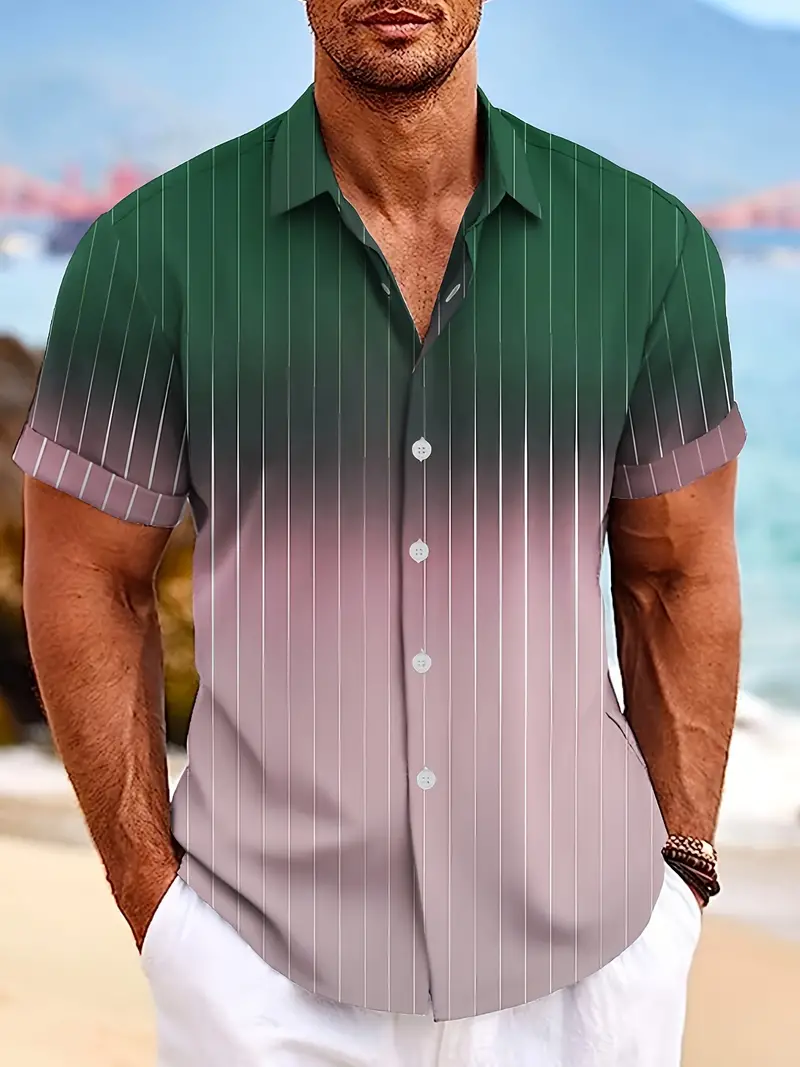 Lurton® | Men'S Short-Sleeved Button-Down Shirt With Gradient And Striped Pattern For Spring/Summer - Image 13