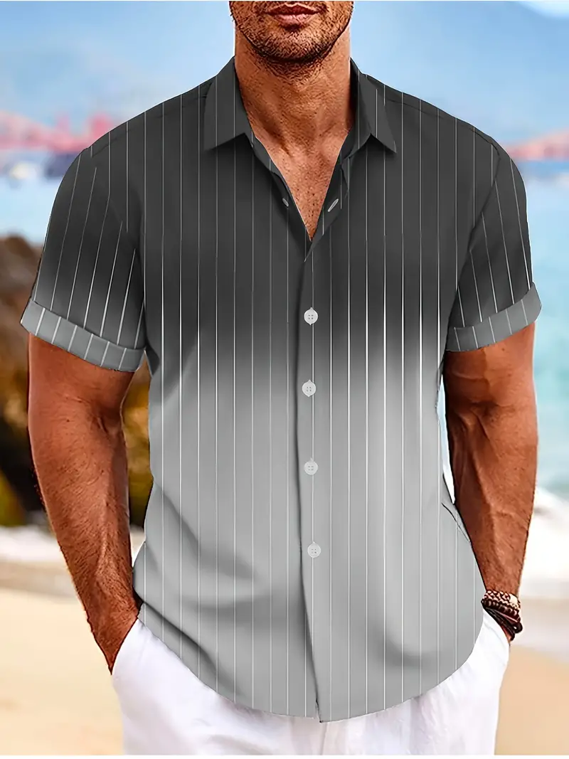Lurton® | Men'S Short-Sleeved Button-Down Shirt With Gradient And Striped Pattern For Spring/Summer - Image 15