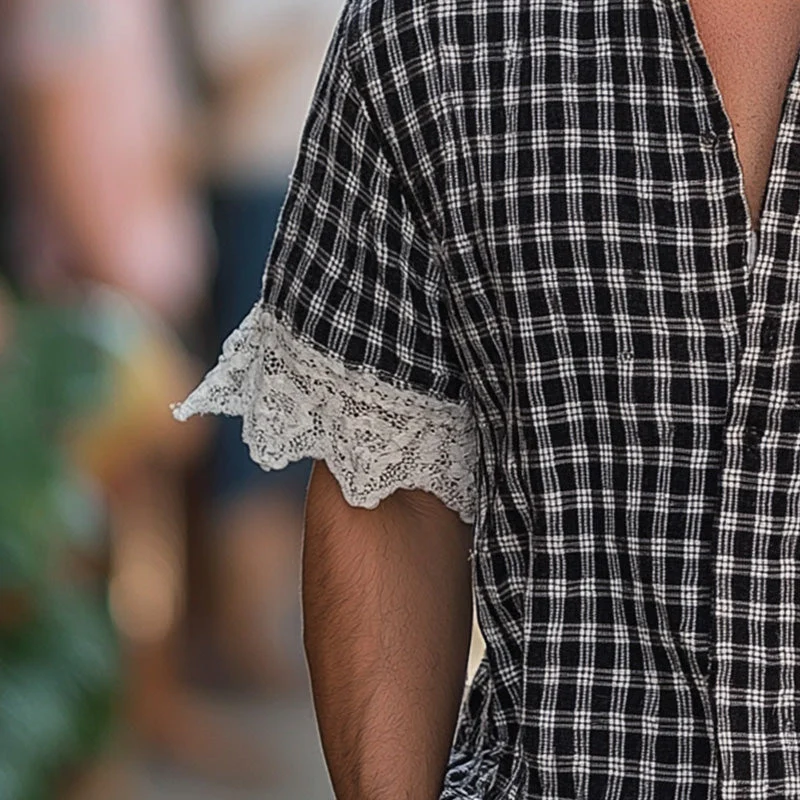 Luther | Men'S Summer Fashion Lace Patchwork Plaid Short Sleeve Shirt - Image 3