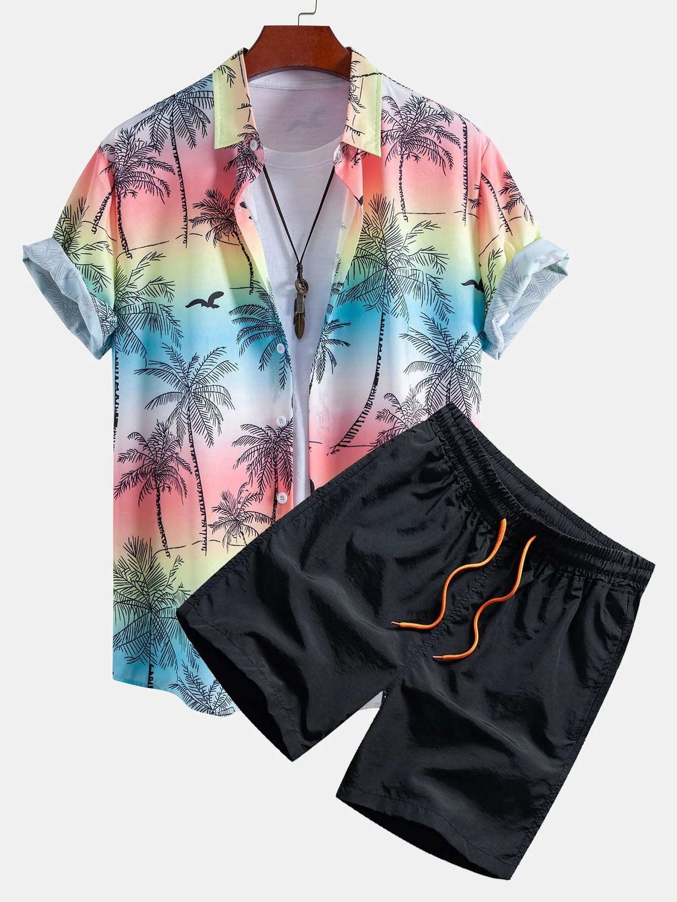 Marcelino® | Palm Tree Seagull Print Button Up Shirt & Man Mid Length Drawstring Swim Shorts - Image 2