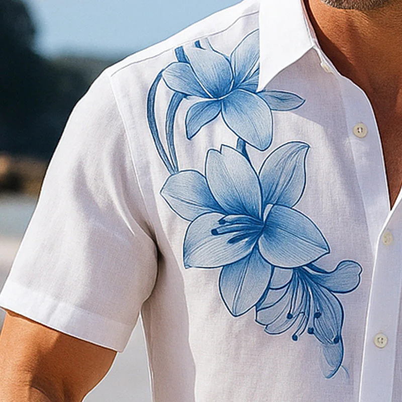Marcelo | Men'S Summer Lightweight Breathable Floral Print Linen Short Sleeve Shirt - Image 3