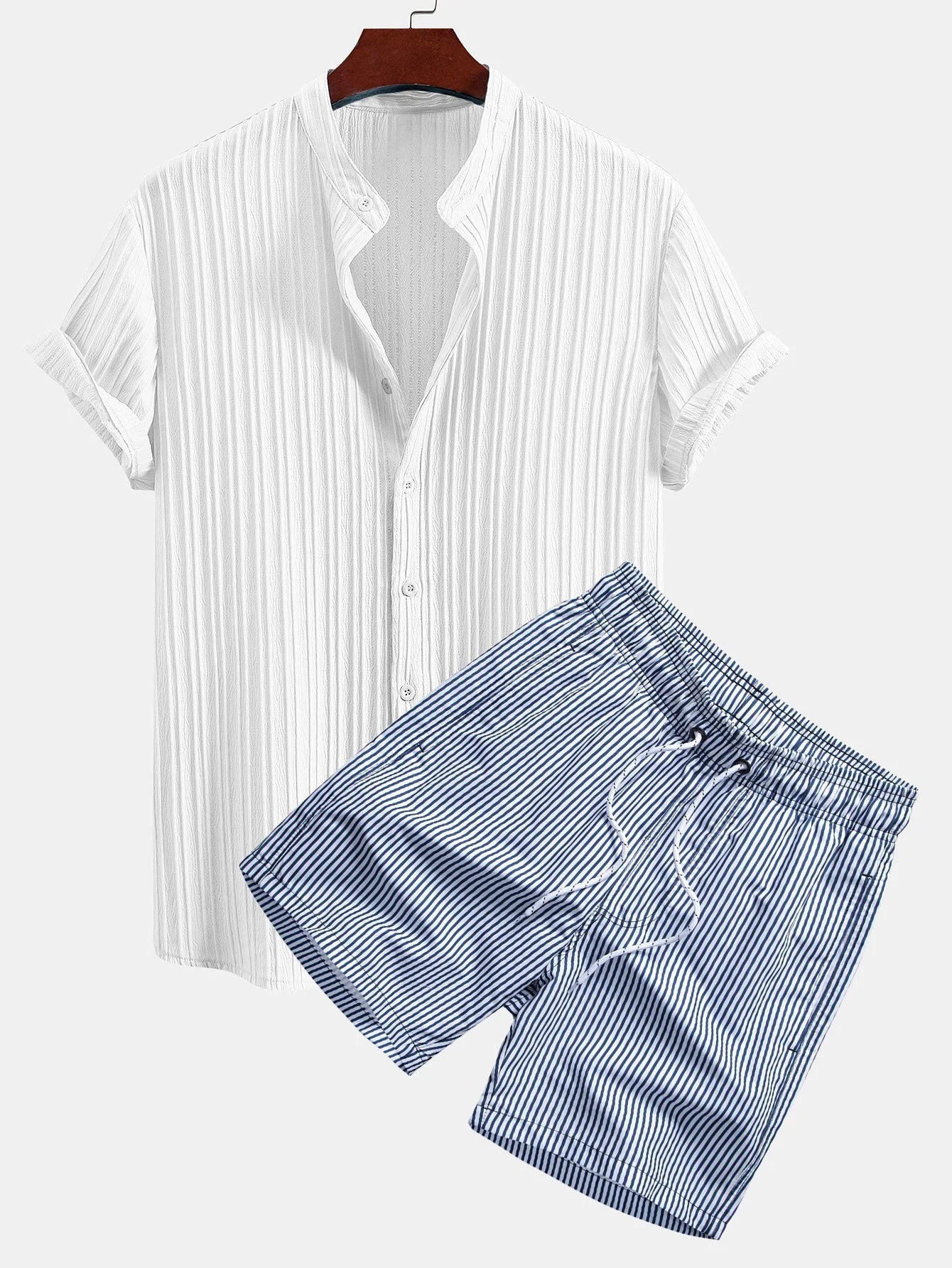 Martín® | Textured Stand Collar Shirt & Stripe Print Swim Shorts