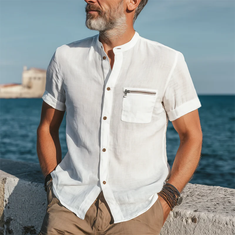 Martin | Men'S Summer Basic Cotton Stand Collar Short Sleeve Shirt - Image 2
