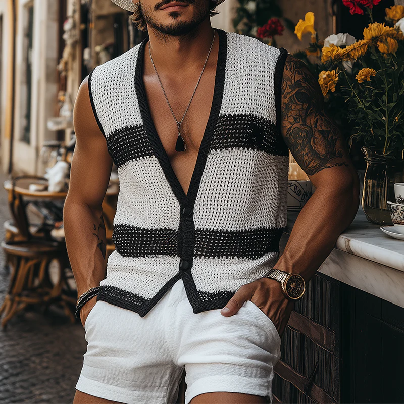Martin | Men'S Summer Fashion Casual Black And White Horizontal Striped Deep V-Neck Knitted Vest - Image 2
