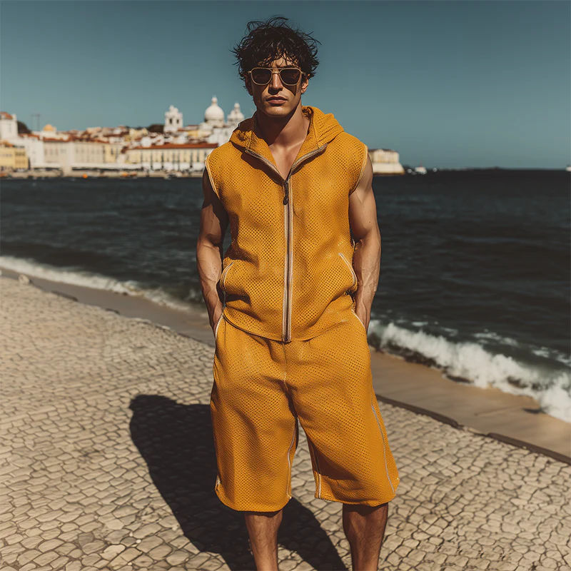 Mason | Men'S Spring Summer Fashion Casual Mesh Cloth Hooded Zipper Sleeveless Shirt Elastic Waist Length To Knee Shorts Set - Image 5