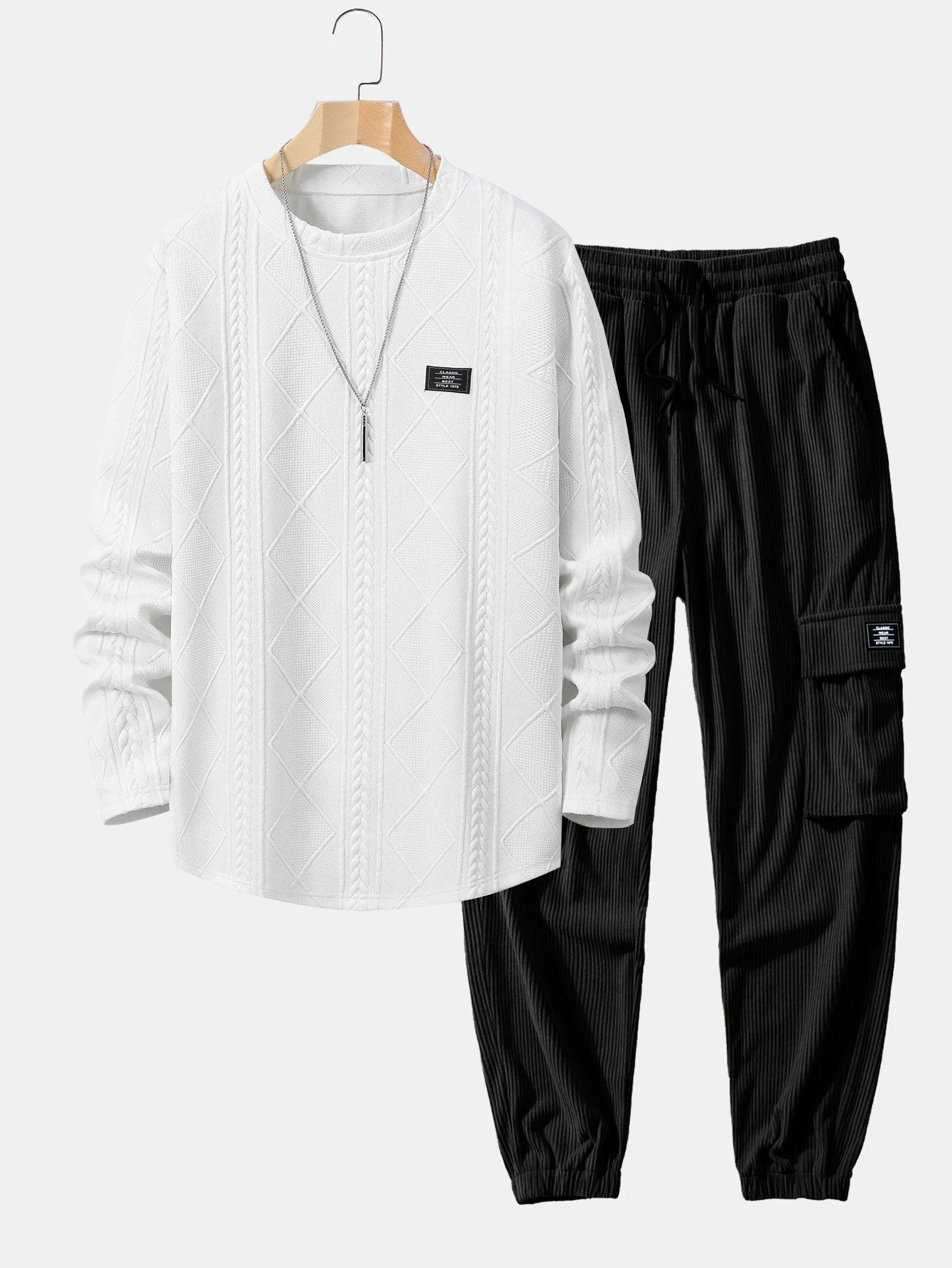 Matías® | Long Sleeve T-Shirt With Curved Hem In Geometric Jacquard & Cargo Joggers In Corduroy With Drawstring
