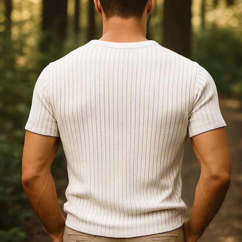 Matthew | Men'S Summer Basic Solid Color V-Neck Knitted Striped Short-Sleeved T-Shirt - Image 3