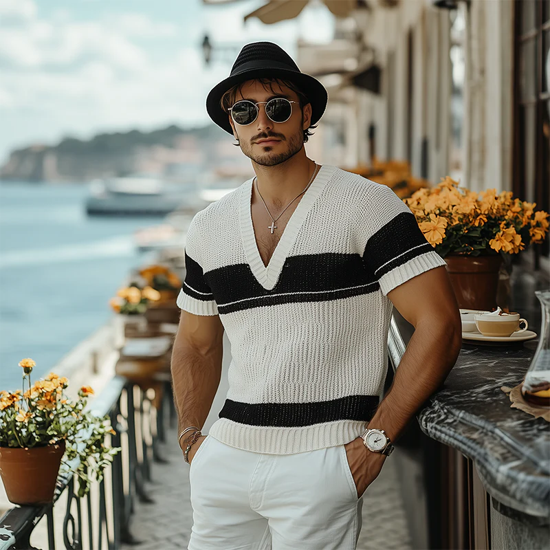 Matthew | Men'S Summer Fashion Casual V-Neck Black And White Horizontal Striped Knitted Short Sleeve T-Shirt - Image 3