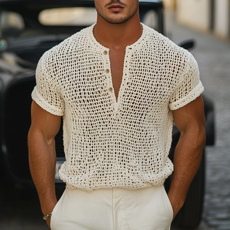 Mauricio | Men'S Solid Knit Hollow Henley Collar Short Sleeve T-Shirt - Image 2