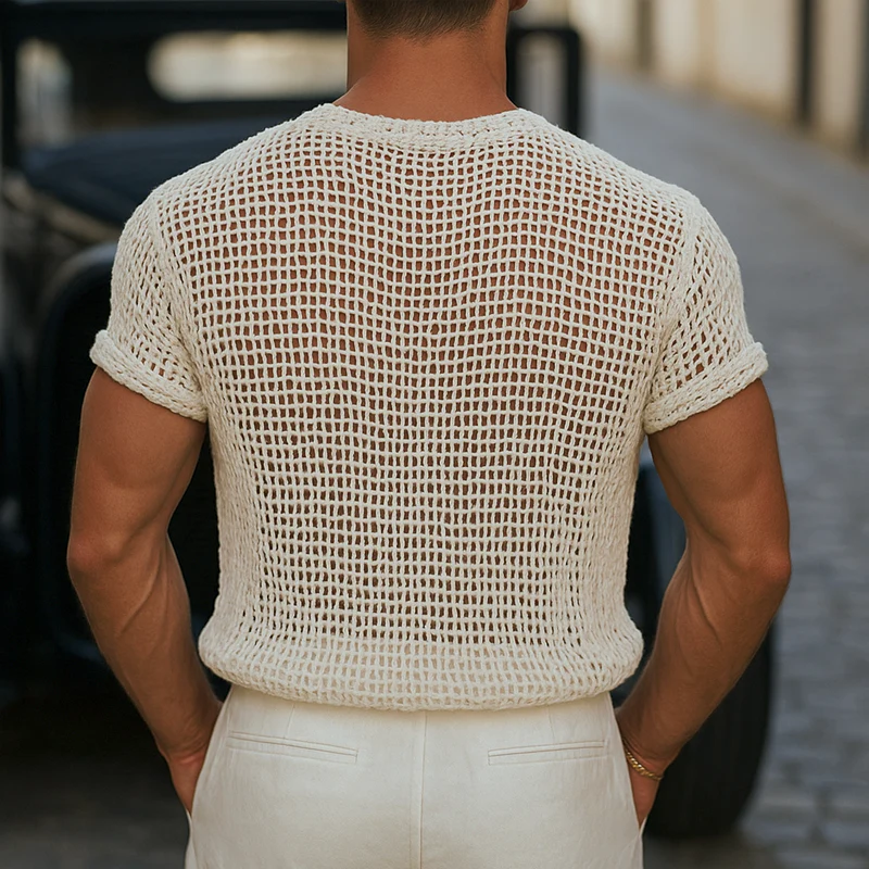 Mauricio | Men'S Solid Knit Hollow Henley Collar Short Sleeve T-Shirt - Image 3