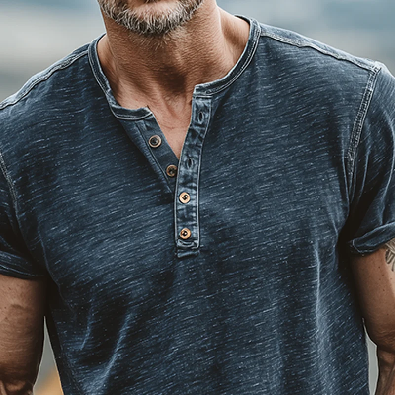 Max | Men'S Summer Casual Cotton Blend Washed Distressed Collar Stitching Denim Henry Collar Short-Sleeved T-Shirt - Image 4