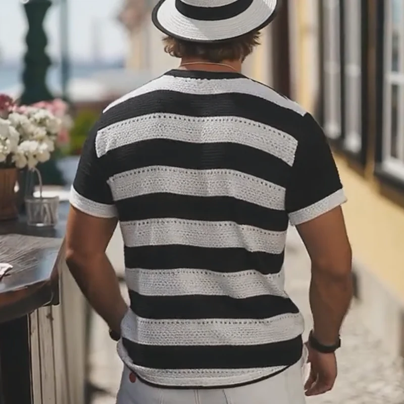 Max | Men'S Summer Fashion Casual V-Neck Knitted Black And White Horizontal Stripes Letter Embroidered Short-Sleeved T-Shirt - Image 4
