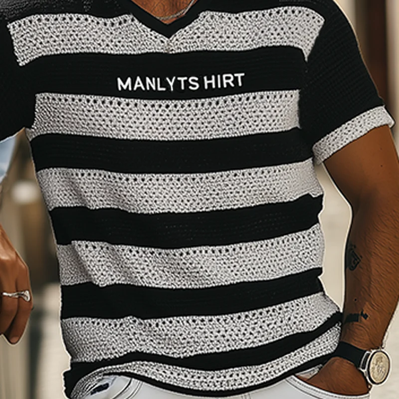 Max | Men'S Summer Fashion Casual V-Neck Knitted Black And White Horizontal Stripes Letter Embroidered Short-Sleeved T-Shirt - Image 7