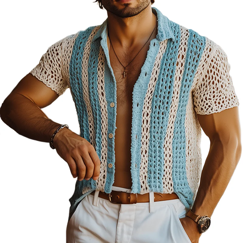 Melvin | Men'S Summer Fashion Casual Knitted Hollow Vertical Striped Short-Sleeved Shirt