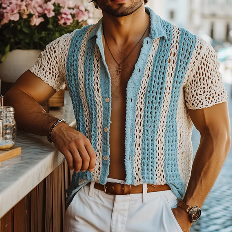 Melvin | Men'S Summer Fashion Casual Knitted Hollow Vertical Striped Short-Sleeved Shirt - Image 2