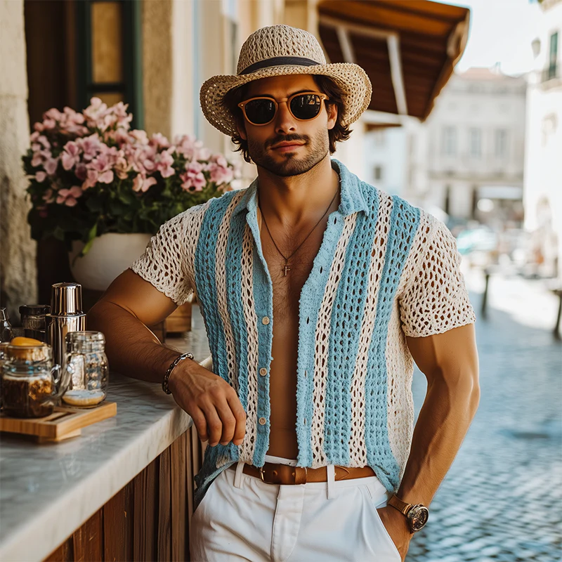 Melvin | Men'S Summer Fashion Casual Knitted Hollow Vertical Striped Short-Sleeved Shirt - Image 3