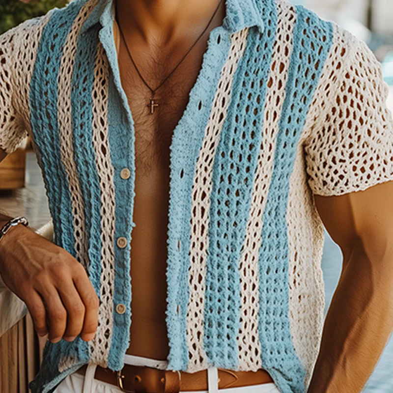 Melvin | Men'S Summer Fashion Casual Knitted Hollow Vertical Striped Short-Sleeved Shirt - Image 5