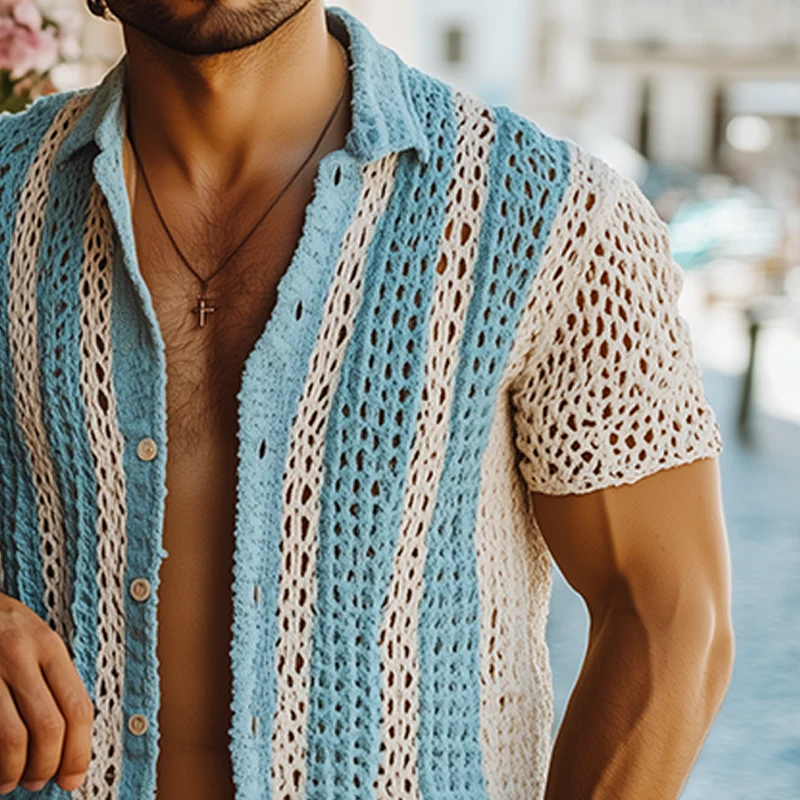 Melvin | Men'S Summer Fashion Casual Knitted Hollow Vertical Striped Short-Sleeved Shirt - Image 6