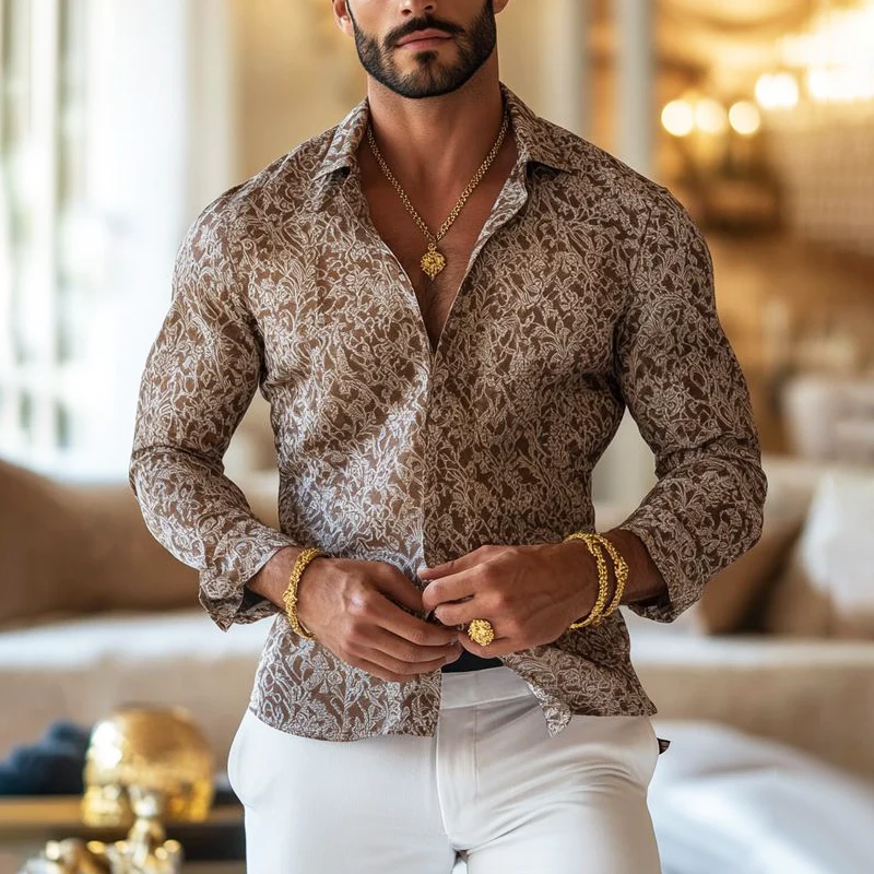 Melvin | Men'S Vintage Print Lapel Long Sleeve Shirt - Image 2