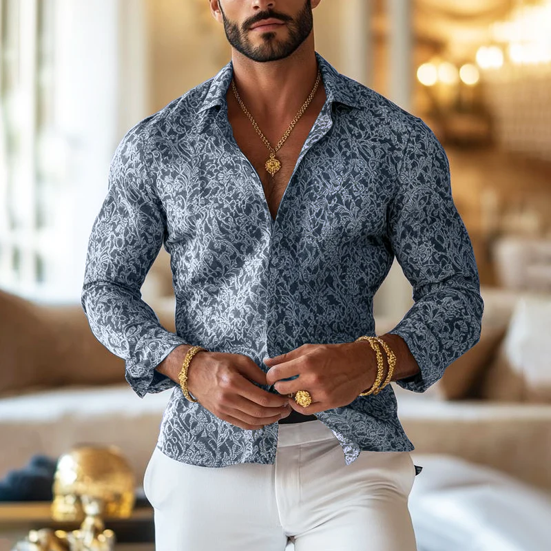 Melvin | Men'S Vintage Print Lapel Long Sleeve Shirt - Image 3