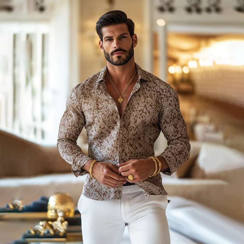 Melvin | Men'S Vintage Print Lapel Long Sleeve Shirt - Image 5