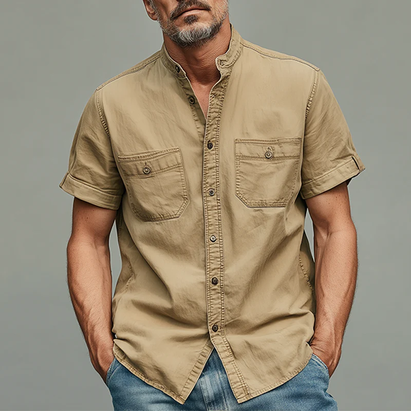 Michael | Men'S Summer Casual Cotton Blended Washed Stand Collar Short Sleeve Shirt - Image 2