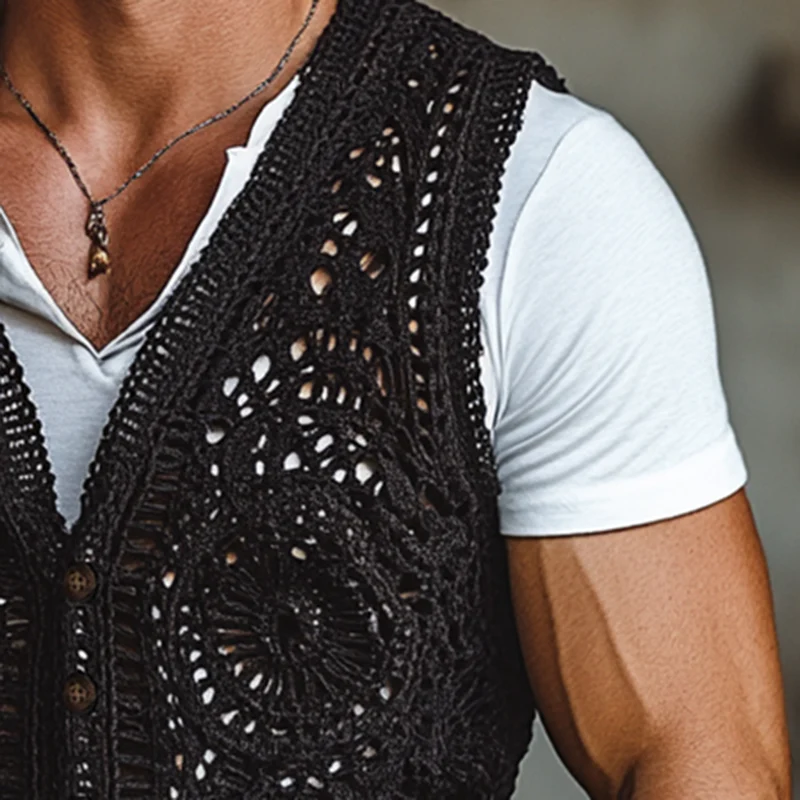 Miguel | Men'S Western Style Black Crochet Single Breasted Vest - Image 2