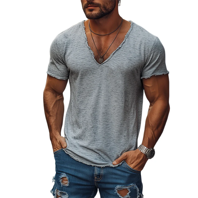 Mike | Men'S Summer Casual Heathered Cotton Blended V-Neck Raw Edge Short Sleeve T-Shirt