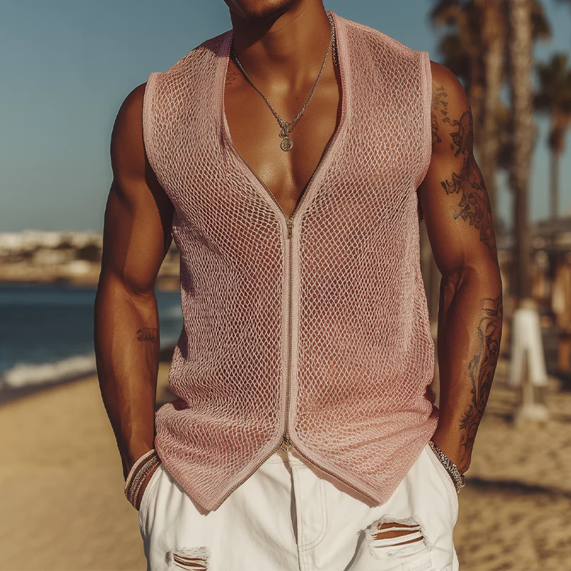 Milo | Men'S Spring And Summer Fashion Casual Mesh Slim Zipper Deep V Neck Sleeveless Shirt - Image 2