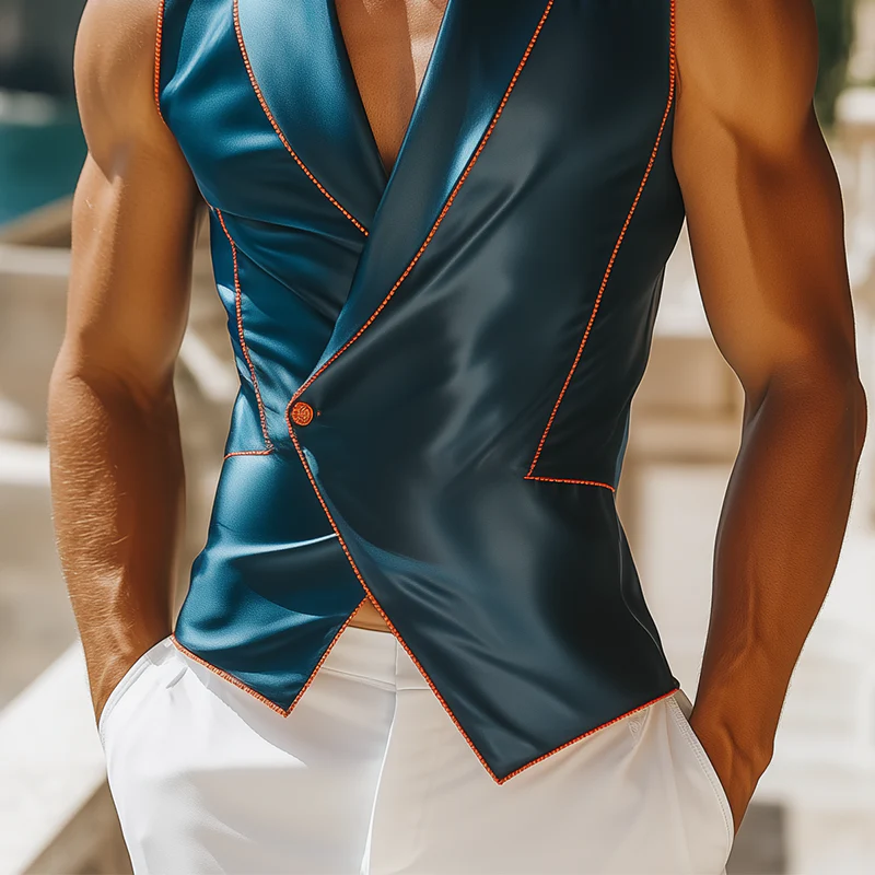Milton | Men'S Summer Fashion Casual Green Collar Satin Slim Irregular Design Vest - Image 5