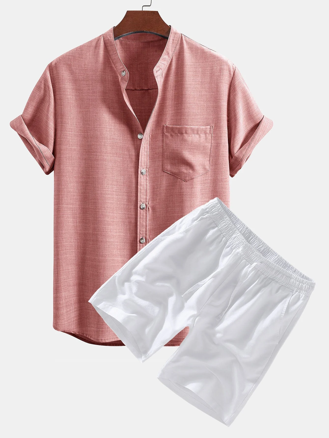 Misael® | Short Sleeve Stand Collar Shirt & Linen Drawstring Shorts