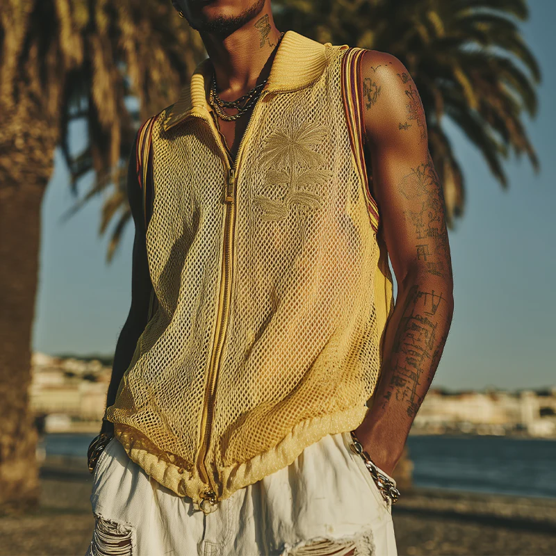 Mitchell | Men'S Spring And Summer Fashion Casual Mesh Zipper Lapel Embroidered Sleeveless Shirt - Image 2
