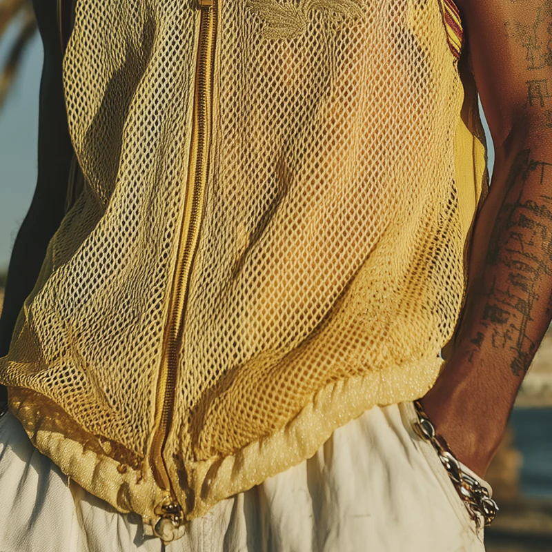 Mitchell | Men'S Spring And Summer Fashion Casual Mesh Zipper Lapel Embroidered Sleeveless Shirt - Image 5