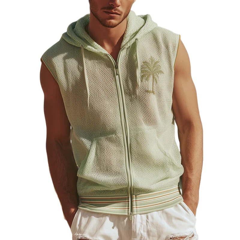 Monty | Men'S Spring And Summer Fashion Casual Mesh Embroidery Hooded Zipper Sleeveless Shirt