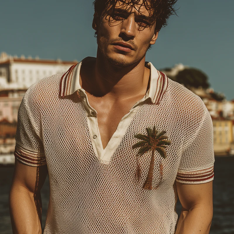 Morris | Men'S Spring And Summer Fashion Casual Mesh Fabric Micro-Transparent Coconut Tree Embroidery Short-Sleeved Polo Shirt - Image 5