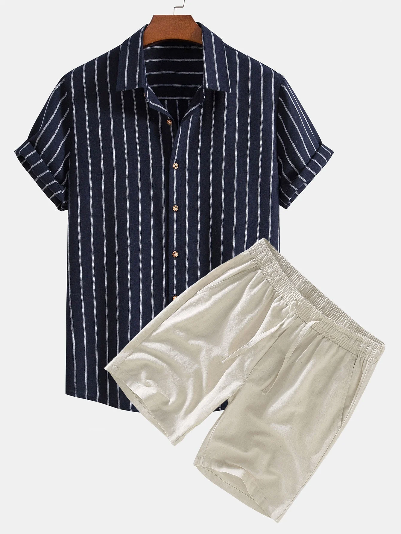 Nataniel® | Cotton Blend Striped Button Up Shirt & Linen Drawstring Shorts - Image 2