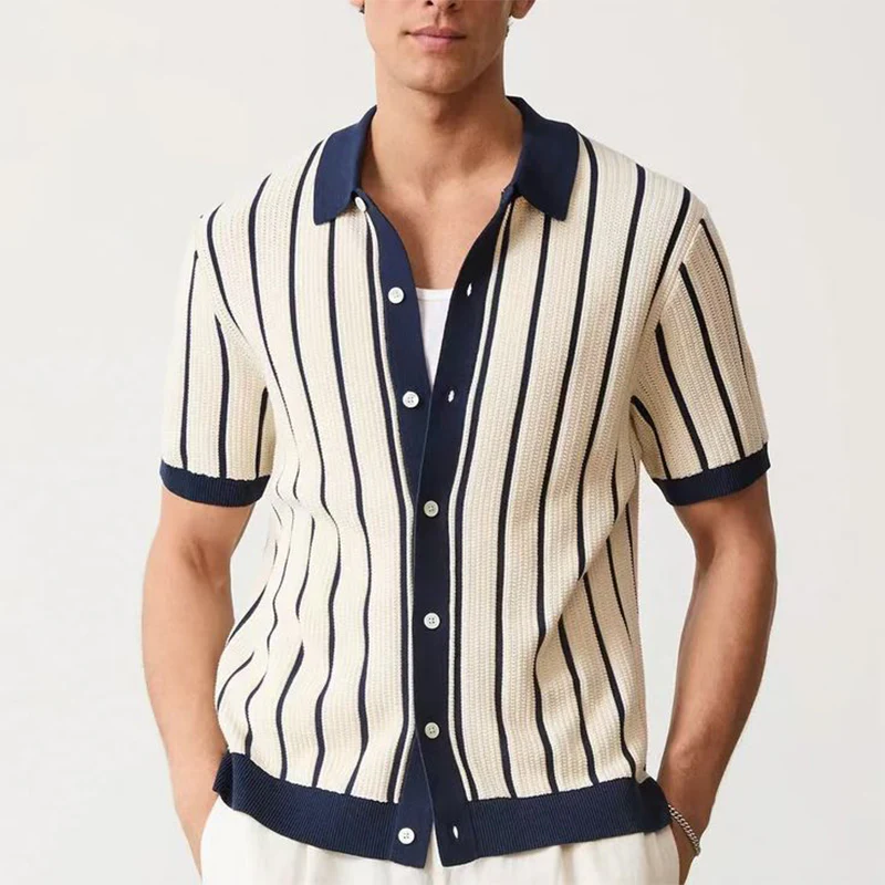 Nathan | Men'S Summer Fashion Casual Vertical Striped Knitted Short-Sleeved Shirt - Image 2