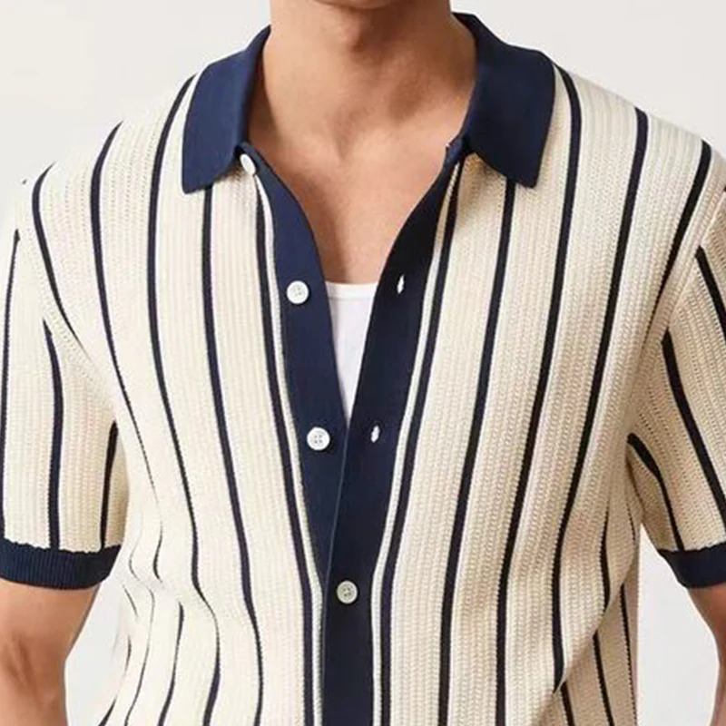 Nathan | Men'S Summer Fashion Casual Vertical Striped Knitted Short-Sleeved Shirt - Image 3